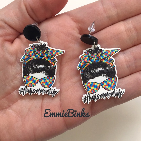 ✨3for$38mixMatch New Autism Mom Life Messy Bun Puzzle Piece Drop Dangle Earrings - Picture 5 of 8